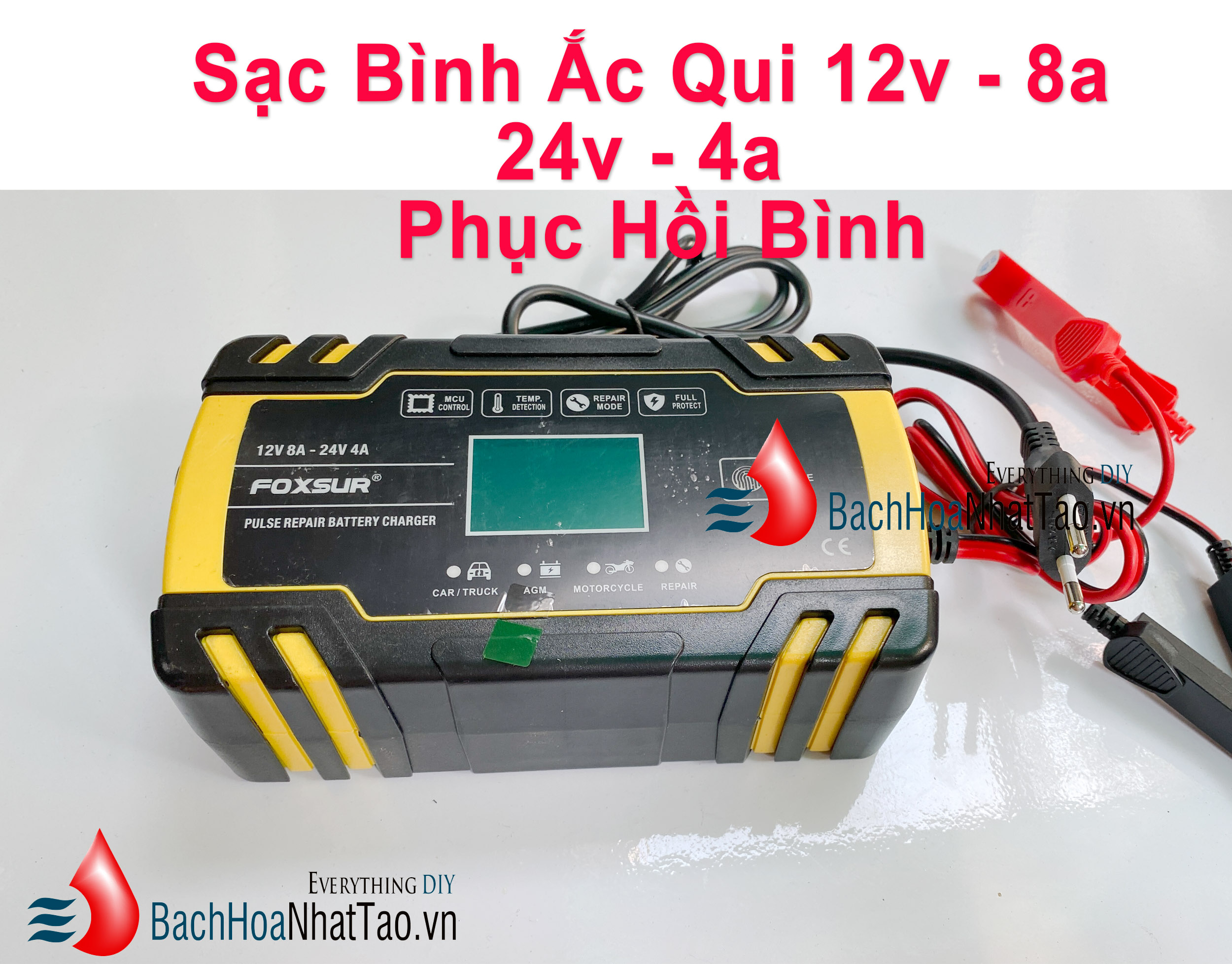 Sạc Bình ắc Quy 12v 8a 24v 4a 6ah 150ah Foxsur Tự Ngắt Khi đầy Chức Năng Bảo Dưỡng Phục Hồi ắc 9118